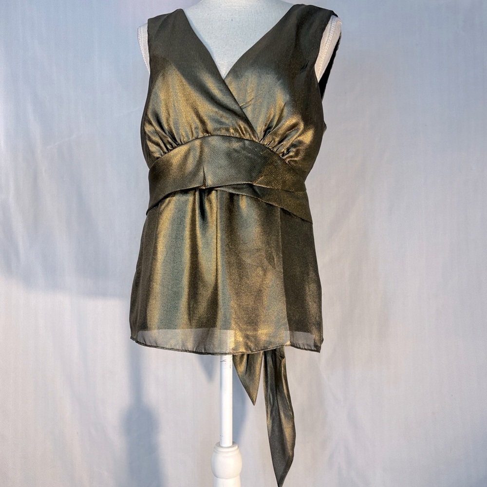 Ann Taylor Top
Gold Metallic V Neck Sleeveless Attached Banded Sash Tie EUC S
